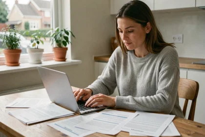 Femme comparant des offres d'assurance habitation sur ordinateur portable avec des documents sur une table en bois