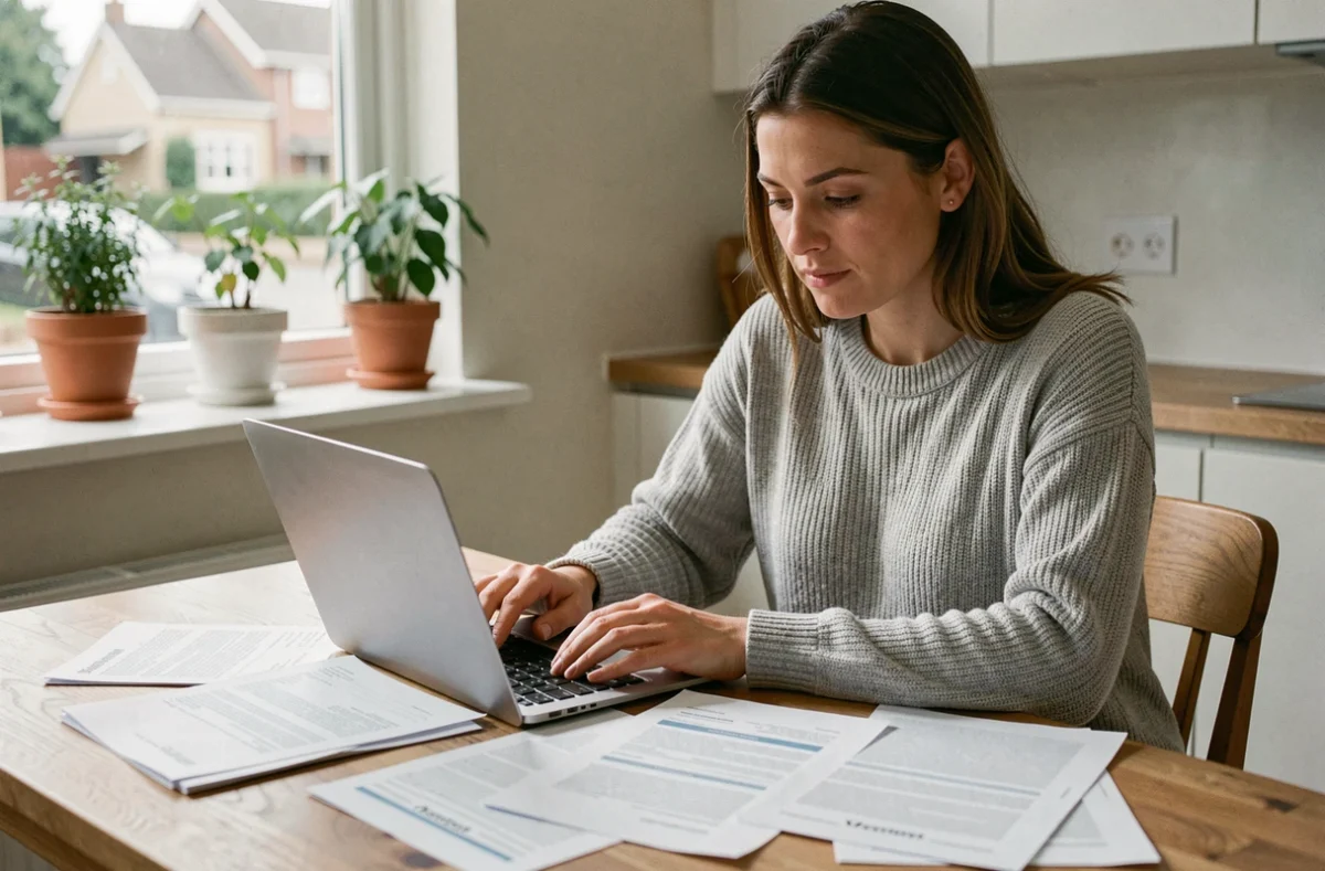 Femme comparant des offres d'assurance habitation sur ordinateur portable avec des documents sur une table en bois