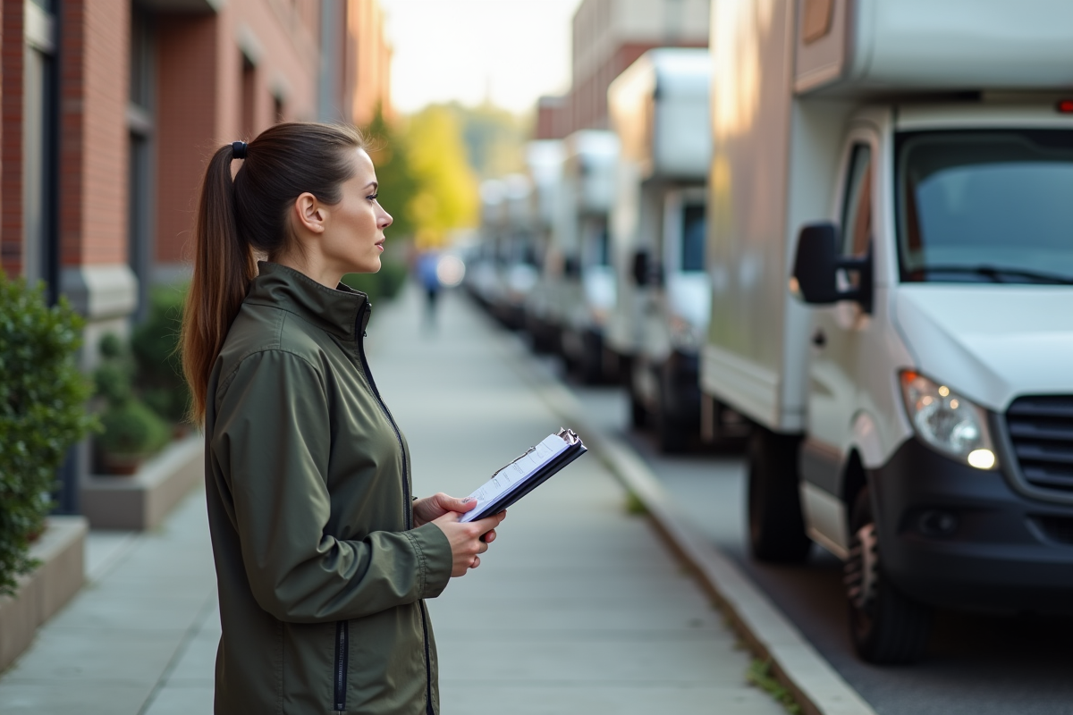 Femme comparant deux vans de déménagement devant une agence