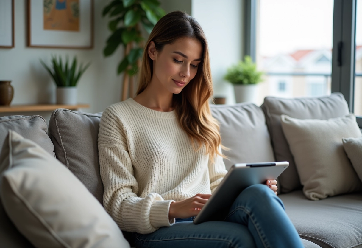Jeune femme détendue utilisant une tablette dans un salon lumineux