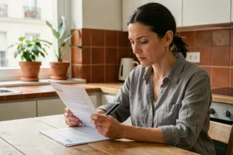 Femme consultant son contrat d'assurance multirisque habitation dans une cuisine moderne