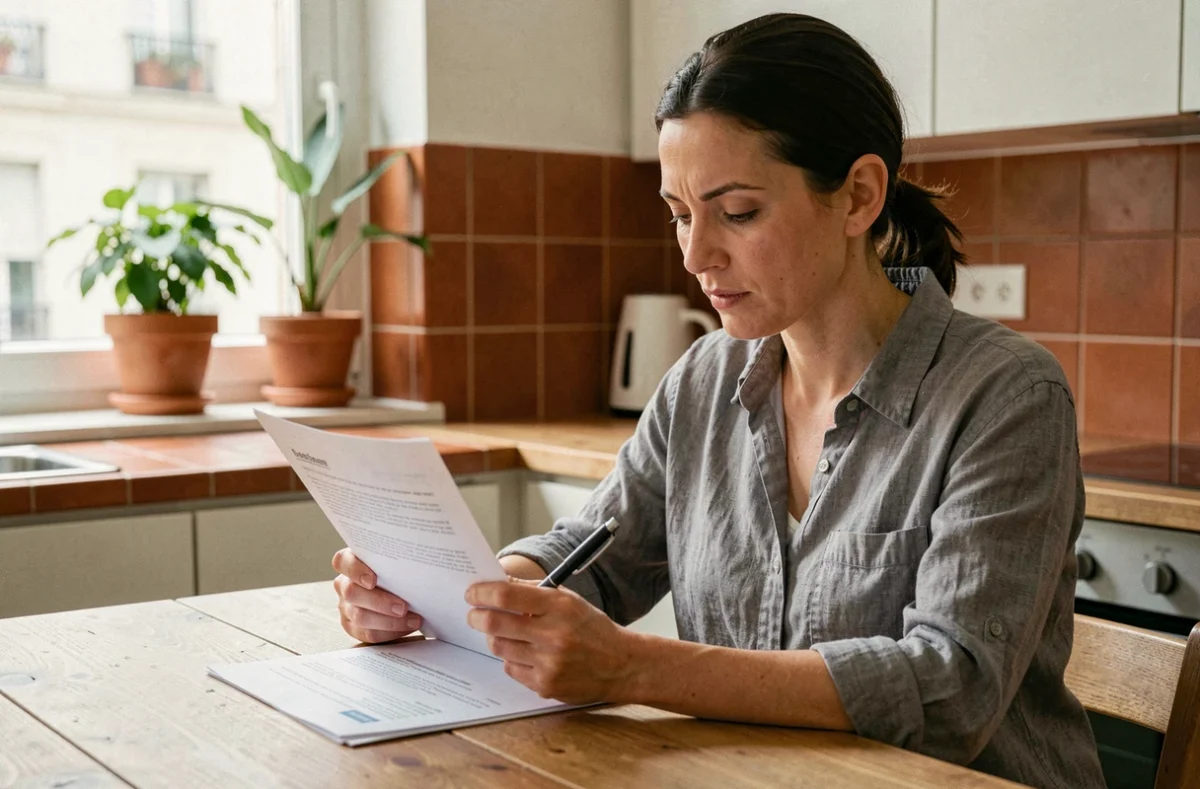 Femme consultant son contrat d'assurance multirisque habitation dans une cuisine moderne