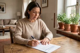 Femme consultant son contrat d'assurance habitation MAE à la table de sa cuisine, stylo en main