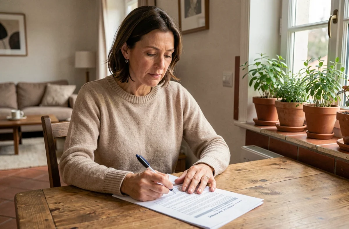 Femme consultant son contrat d'assurance habitation MAE à la table de sa cuisine, stylo en main