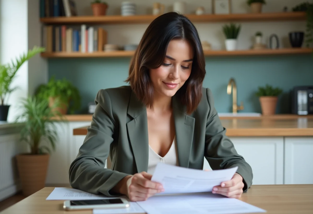 Jeune femme vérifiant documents d'assurance logement