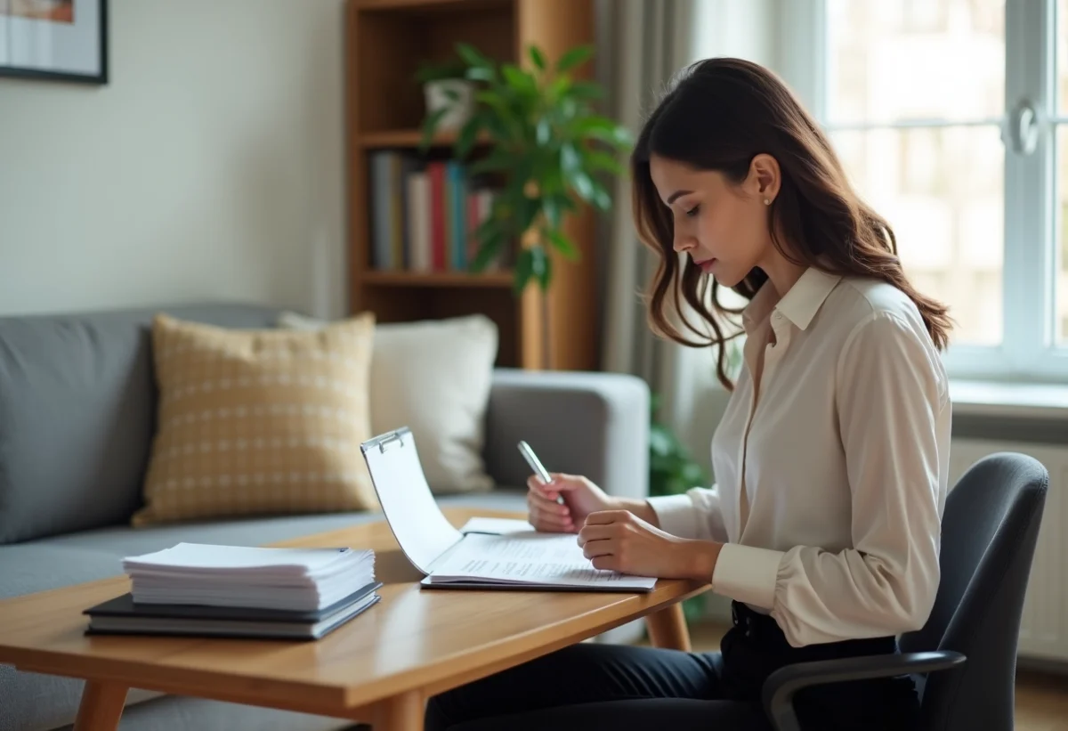 Femme professionnelle vérifiant documents d'assurance logement