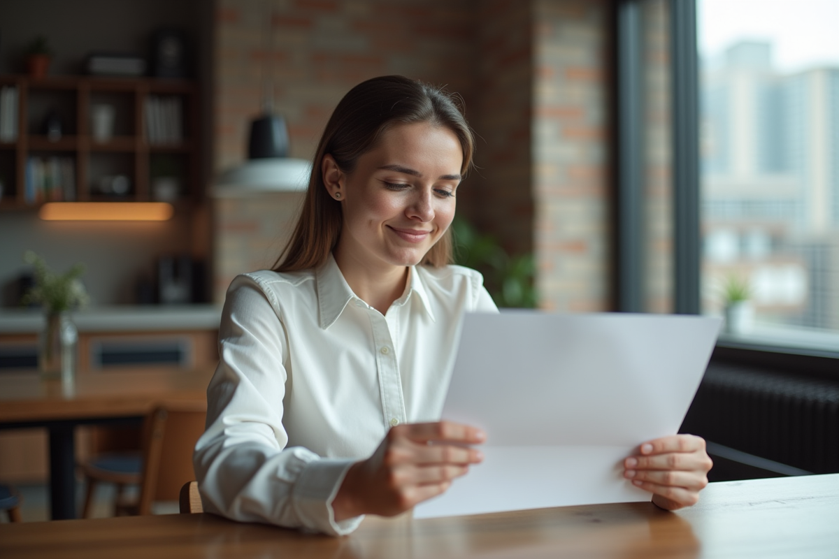 Jeune femme lisant un contrat de location dans un appartement moderne