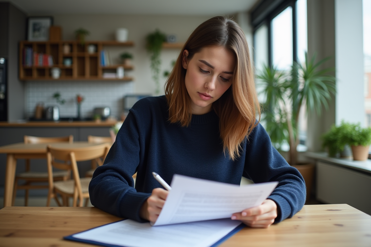 Femme lisant un contrat de location dans un appartement moderne