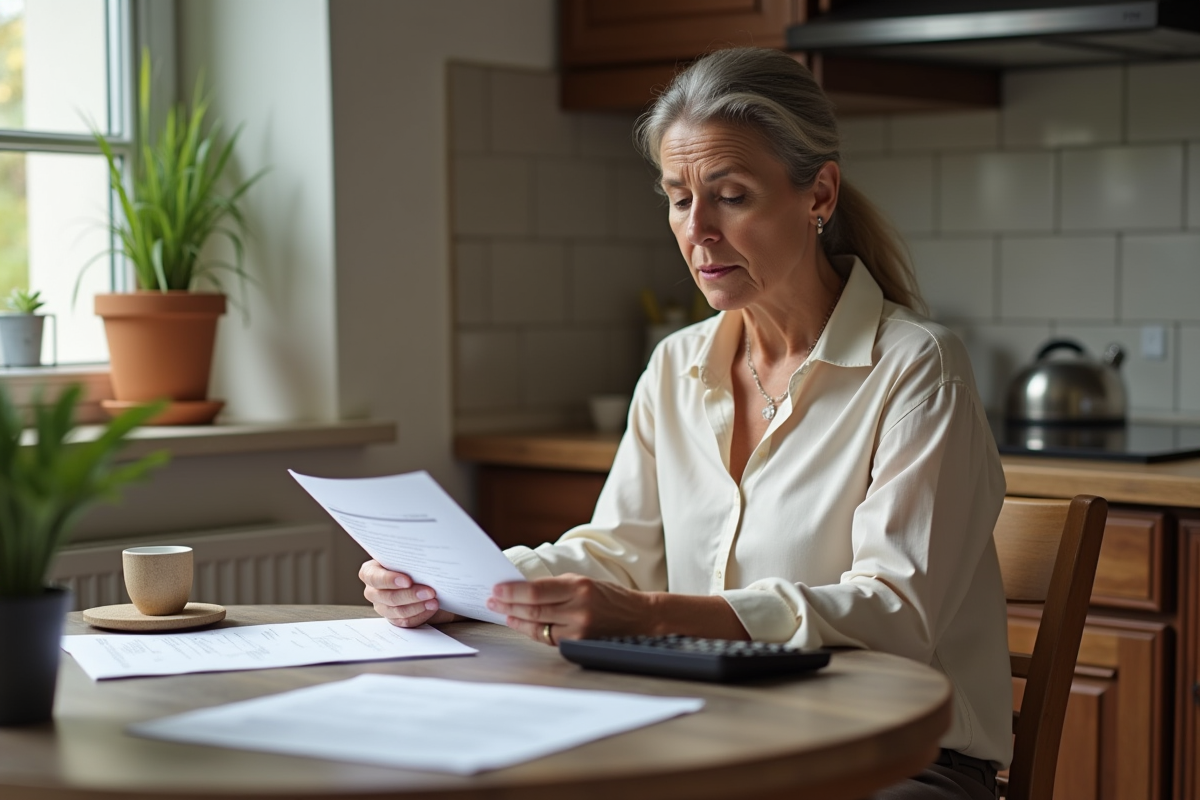 Femme d'âge moyen examinant un contrat de location à la maison