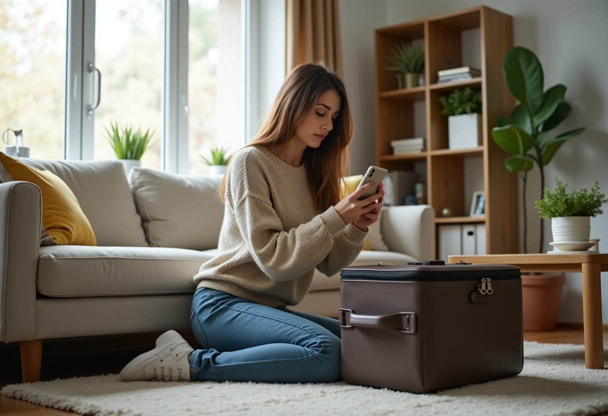 Jeune femme prenant en photo un meuble endommagé dans un salon lumineux