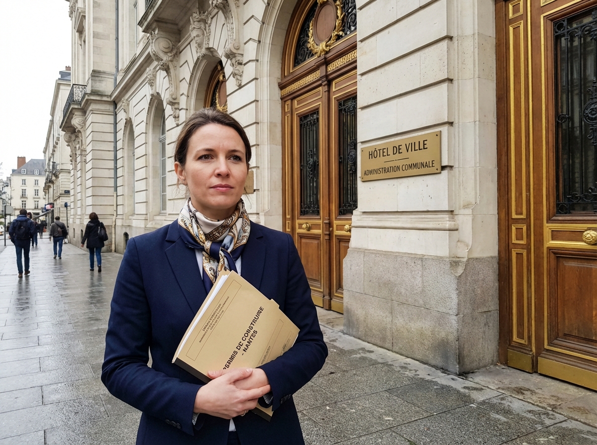Jeune femme debout devant mairie de Nantes avec dossier permis