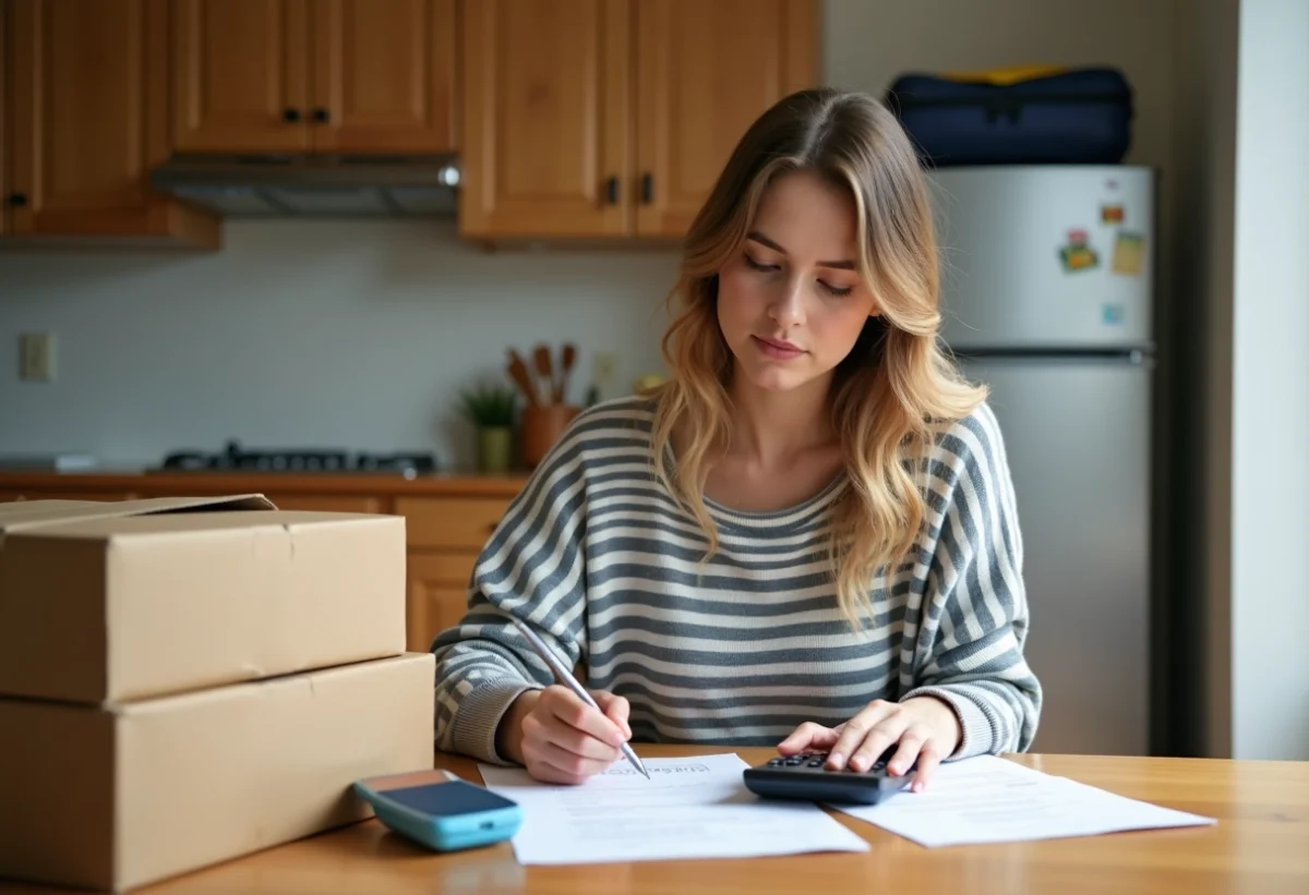 Femme préparant ses papiers de déménagement dans un appartement