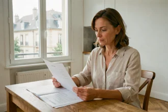 Femme consultant des documents d'assurance habitation dans un appartement à Tours