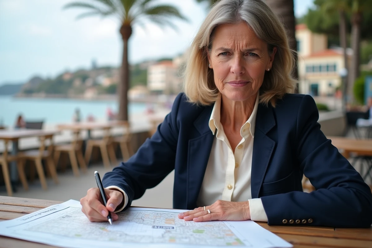 Femme examinant des documents cadastraux d'un terrain côtier avec une expression préoccupée près d'une promenade maritime