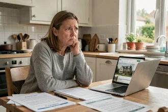 Femme stressée examinant des documents immobiliers pour vendre sa maison rapidement après un divorce en Seine-et-Marne