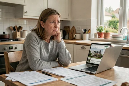 Femme stressée examinant des documents immobiliers pour vendre sa maison rapidement après un divorce en Seine-et-Marne