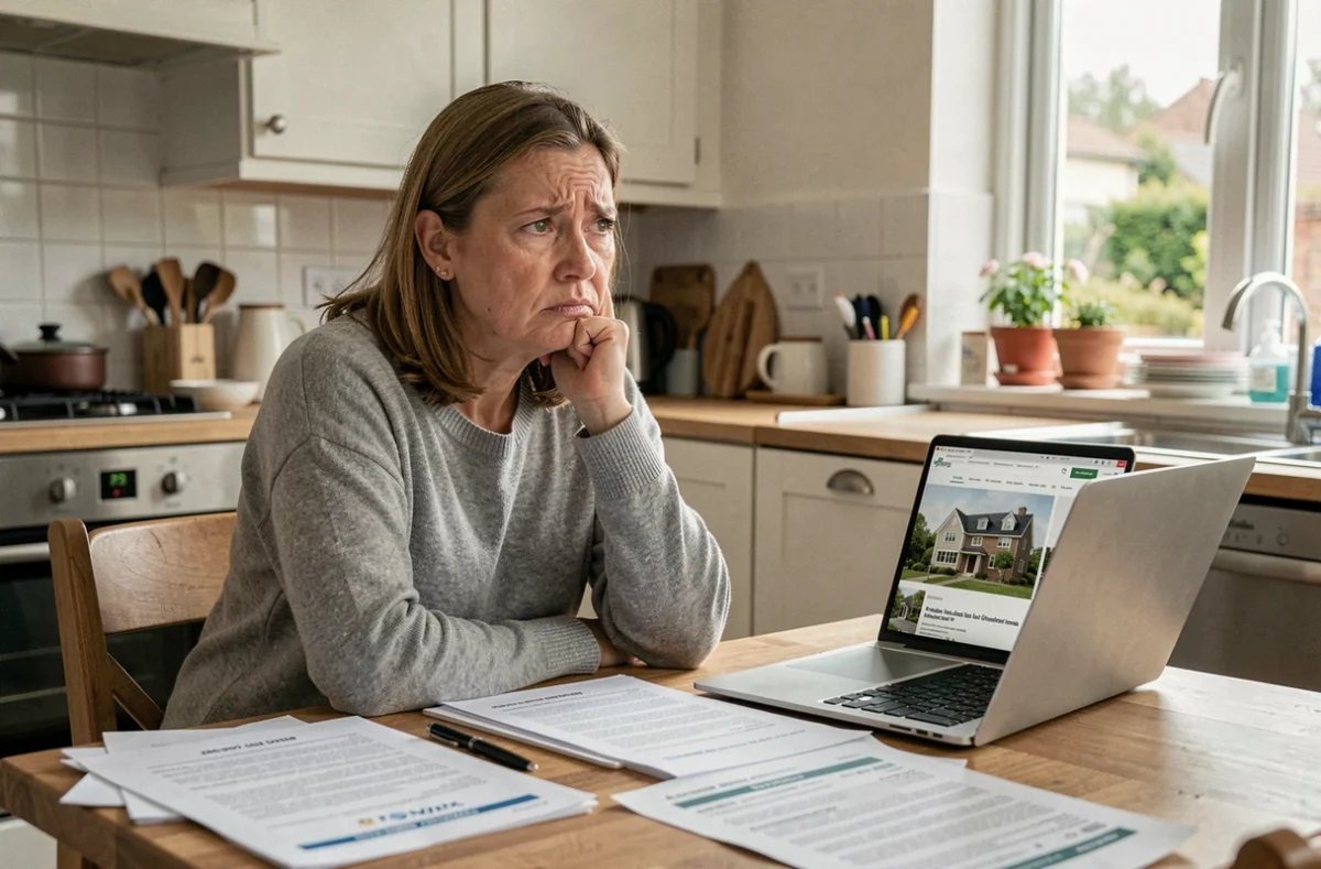 Femme stressée examinant des documents immobiliers pour vendre sa maison rapidement après un divorce en Seine-et-Marne