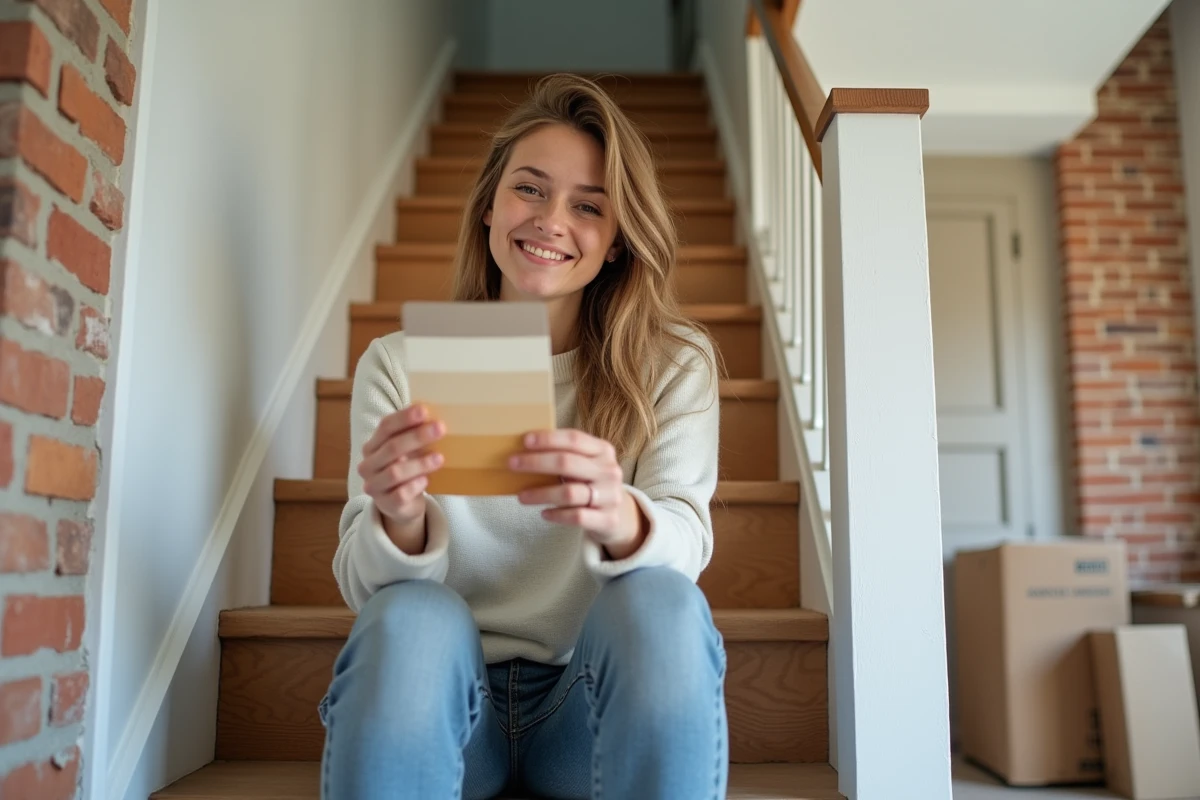 Jeune femme souriante tenant des échantillons de peinture