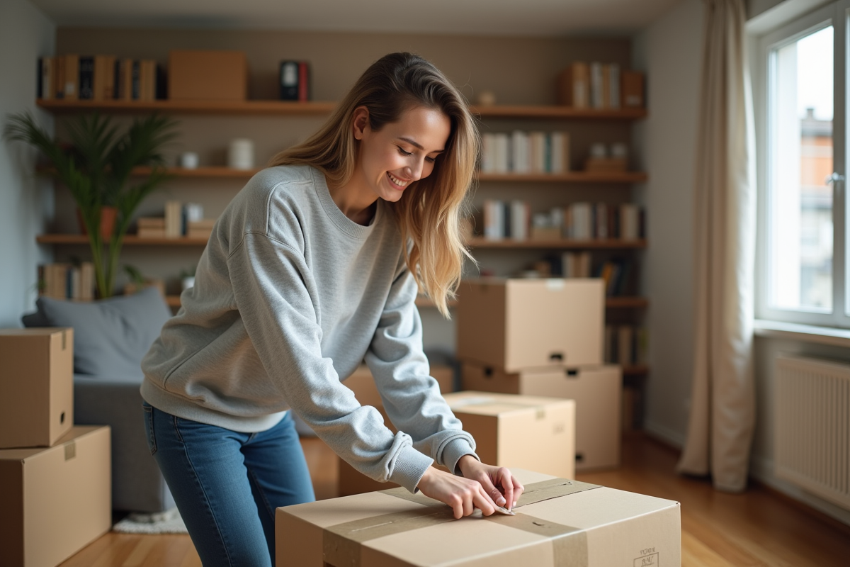 Jeune femme scelle une boîte de déménagement dans un appartement