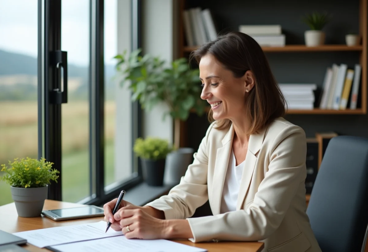 Femme entrepreneure souriante dans un bureau rural lumineux