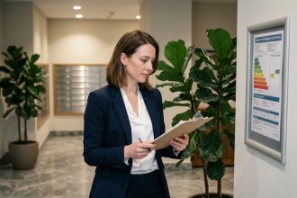 Femme en costume étudiant un certificat énergétique dans un hall moderne