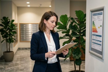Femme en costume étudiant un certificat énergétique dans un hall moderne