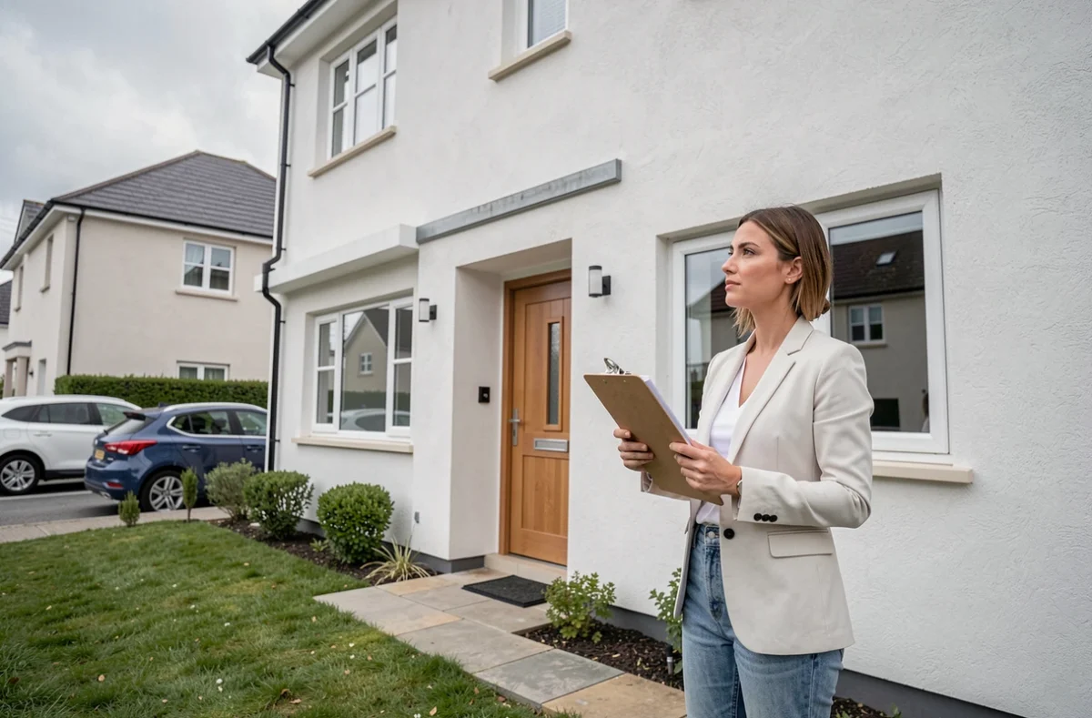 Femme évaluant l'extérieur d'une maison neuve dans le cadre d'un achat en PSLA en zone résidentielle