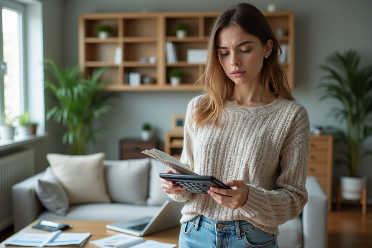 Jeune femme avec calculatrice et factures à la maison
