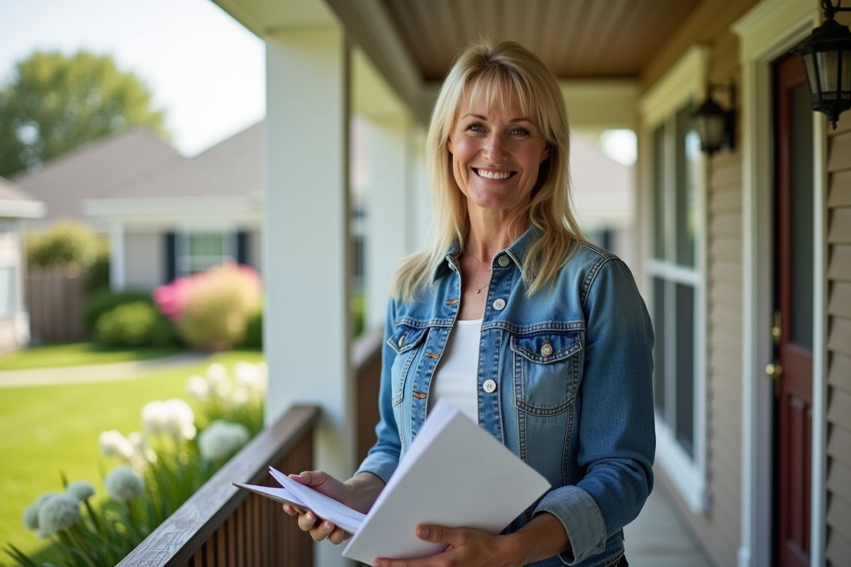 Femme confiante devant sa maison avec documents immobiliers