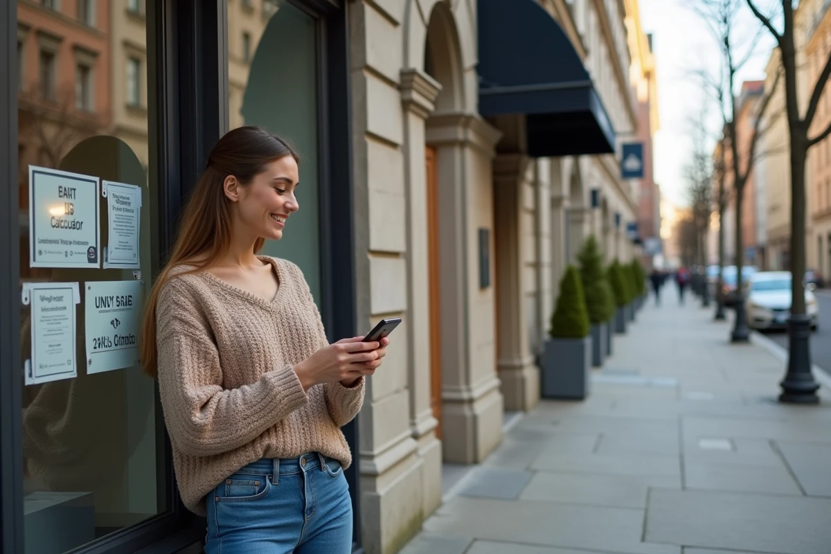 Jeune femme devant agence immobiliere avec smartphone