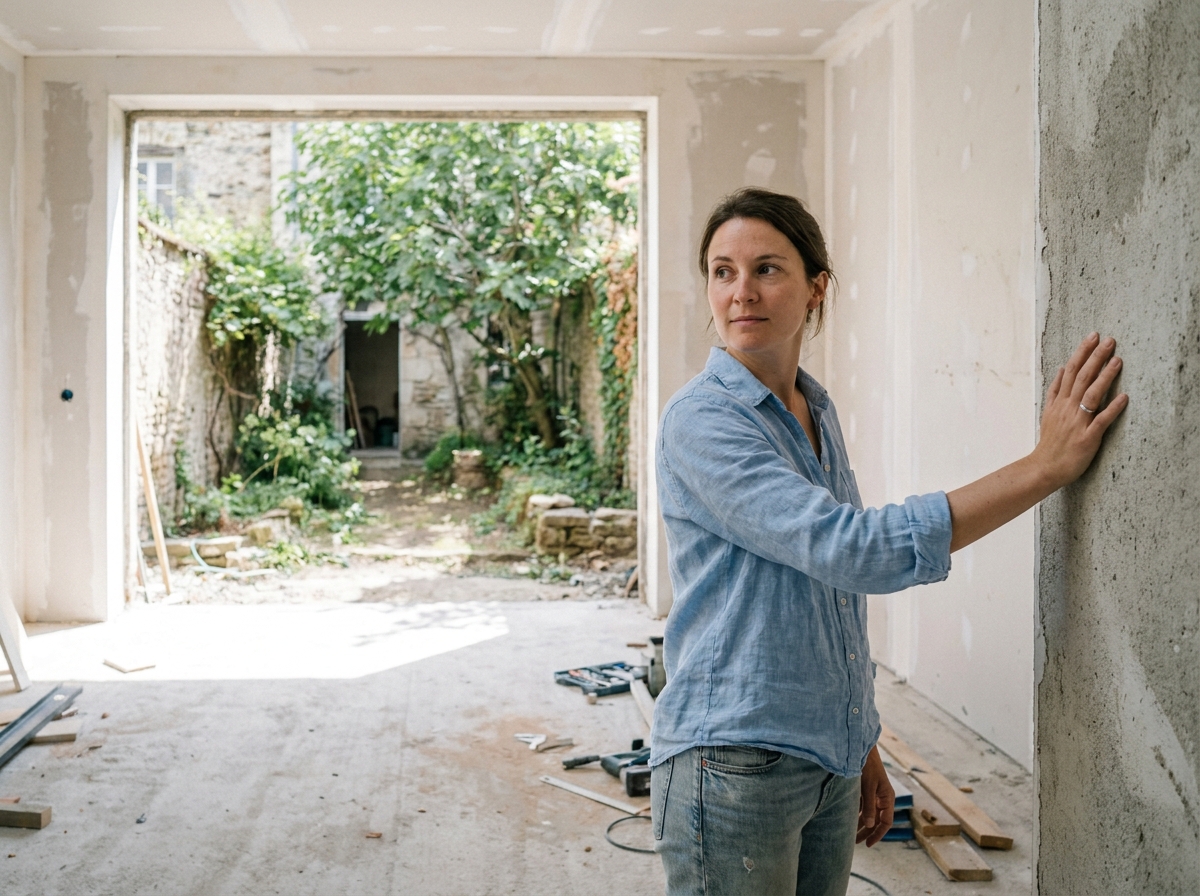 Femme inspectant une pièce en construction lors d'un agrandissement de maison à Nantes, envisageant l'espace futur pour son enfant