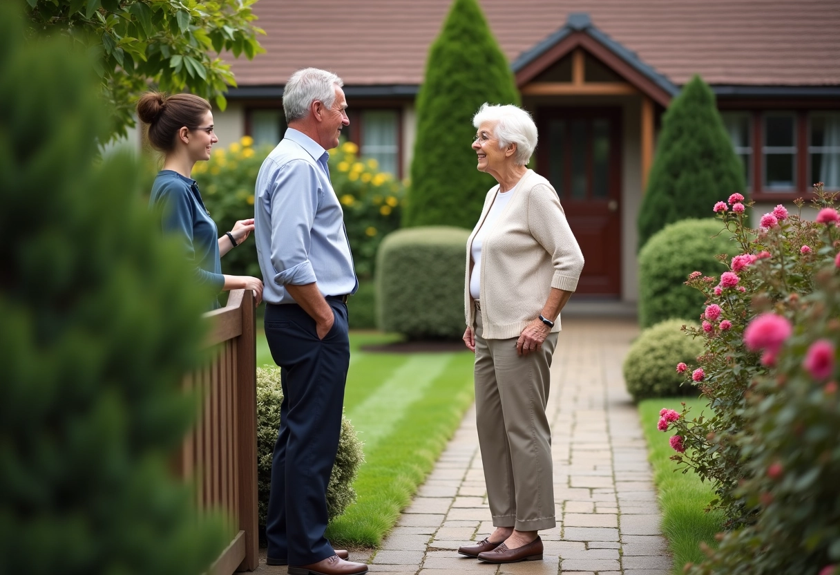 Femme retraitée parlant avec un couple dans un jardin résidentiel