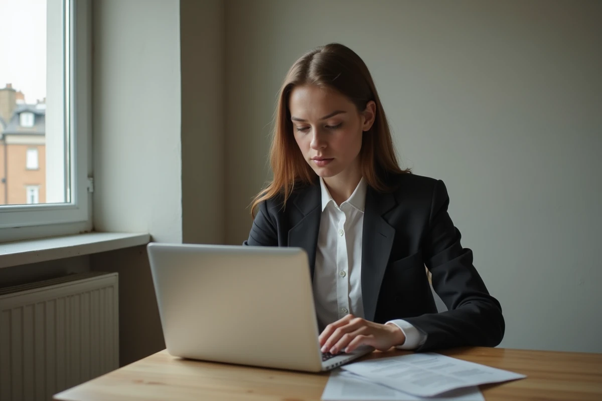 Jeune femme lisant des documents dans un appartement modeste