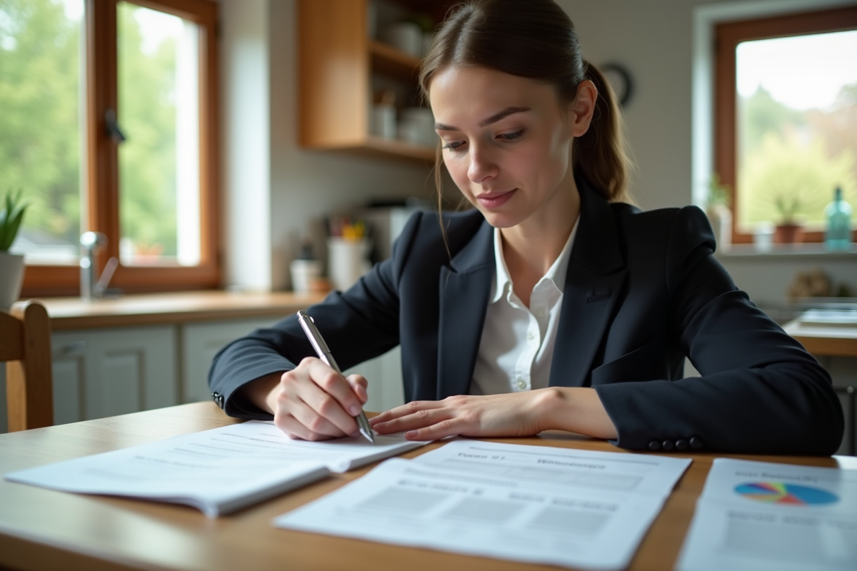 Jeune femme professionnelle lisant un rapport dans la cuisine moderne