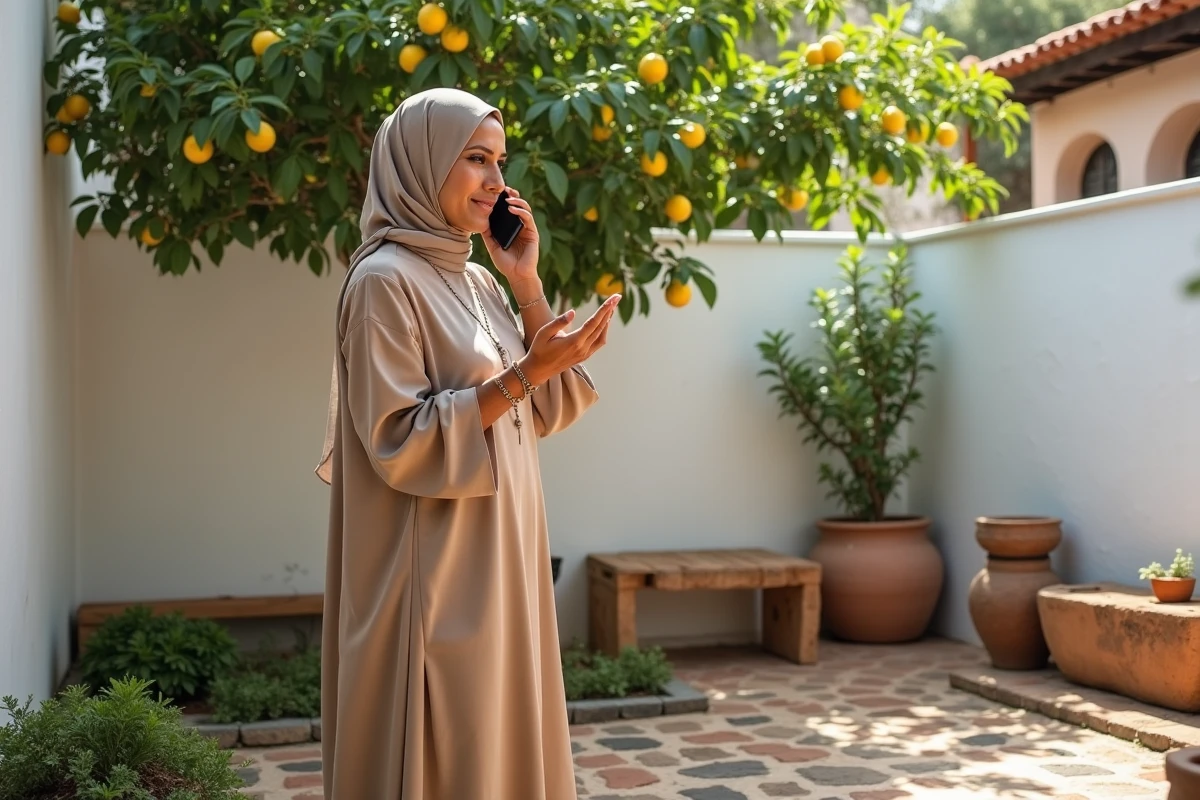 Femme marocaine discutant du loyer par téléphone dans le jardin d'une maison en location longue durée à Essaouira