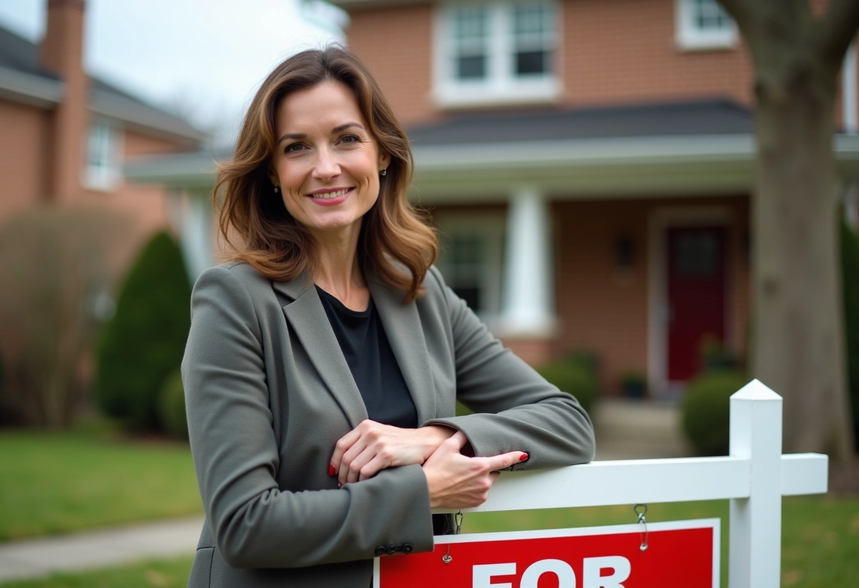 Femme devant une maison en vente dans un quartier résidentiel