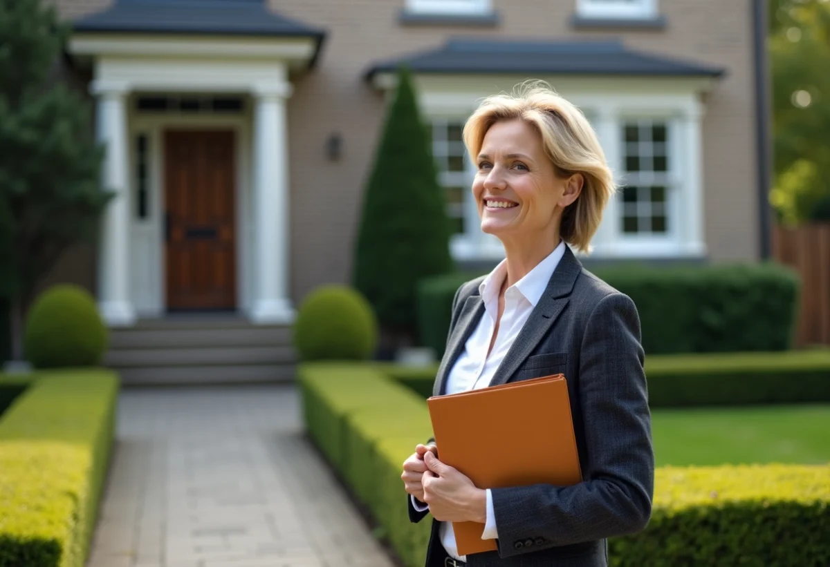 Femme d'âge moyen devant une maison de banlieue réfléchissant