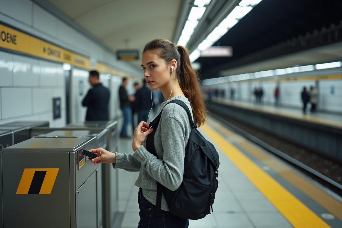 Jeune femme validant son titre de transport pour prendre le métro depuis le quartier Montaudran à Toulouse