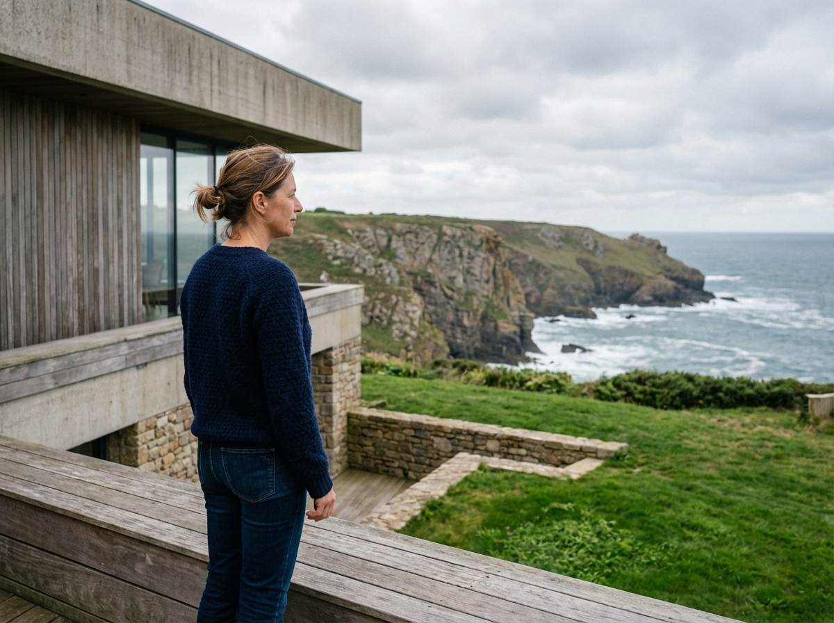 Femme d'âge moyen sur terrasse face à la côte bretonne