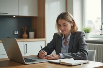 Femme d'âge moyen étudiant un ordinateur pour estimation immobilière