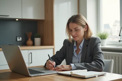 Femme d'&acirc;ge moyen &eacute;tudiant un ordinateur pour estimation immobili&egrave;re