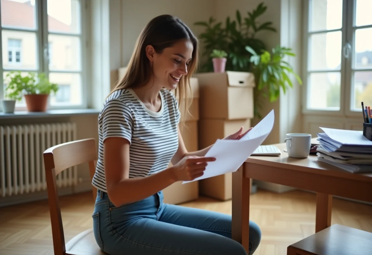 Jeune femme concentrée à la maison avec cartons et documents