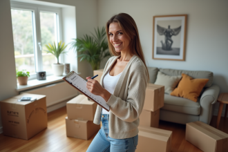 Femme souriante vérifiant sa liste de déménagement