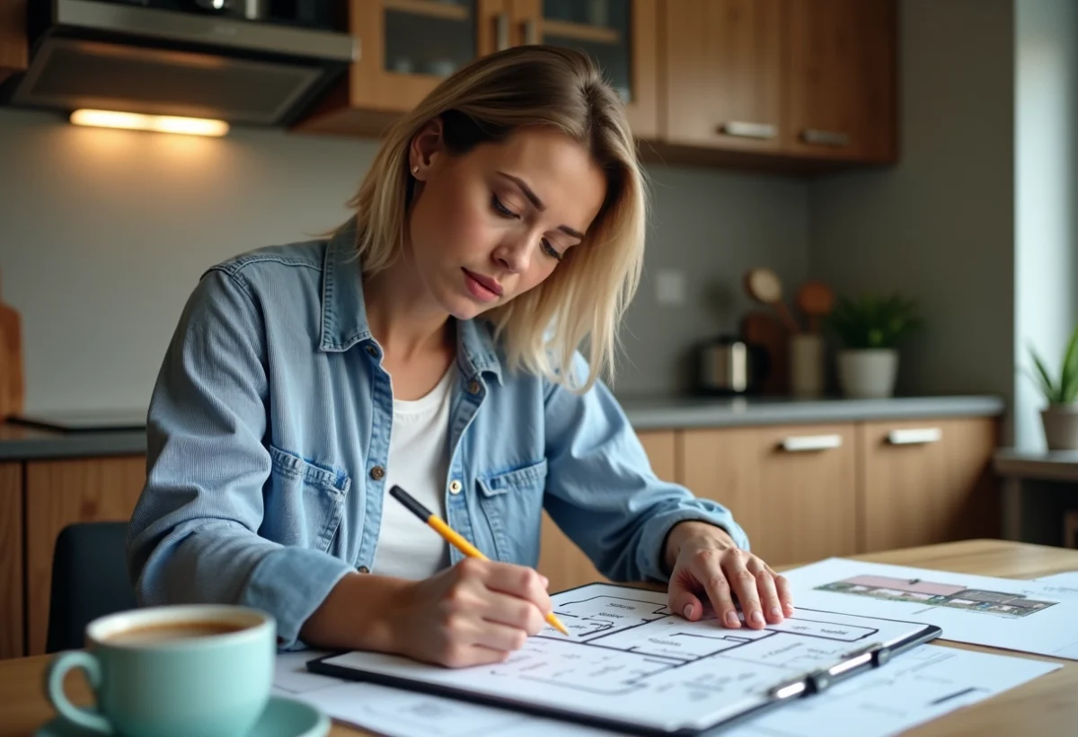 Femme assise à la cuisine prenant des notes sur un plan de maison
