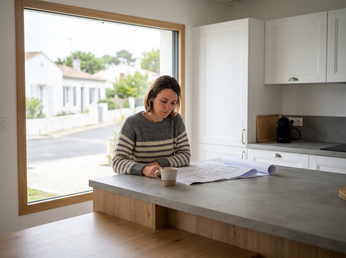 Femme étudiant des plans de maison adaptée dans une cuisine moderne à Royan