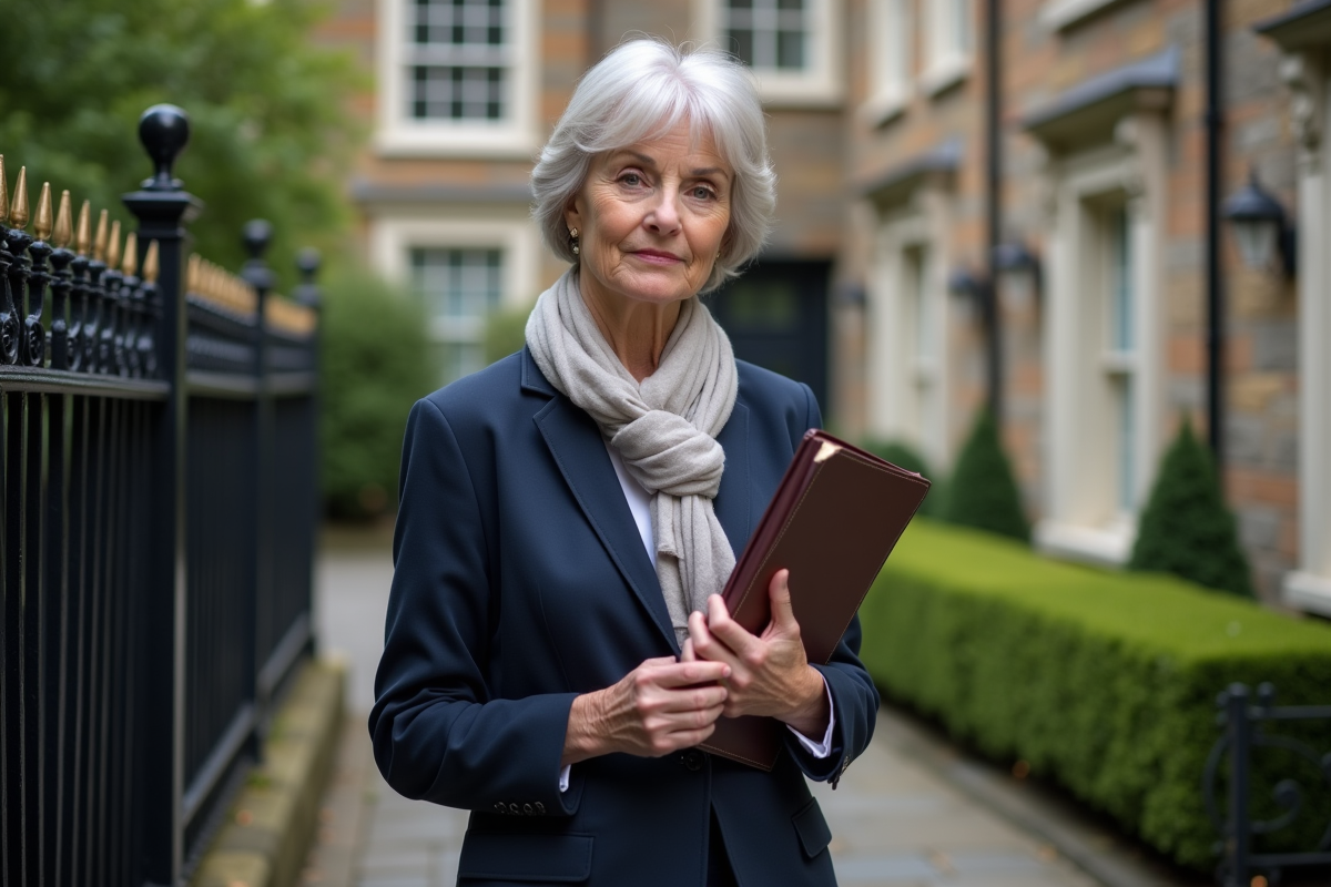 Femme d'âge moyen avec un blazer et foulard devant sa maison