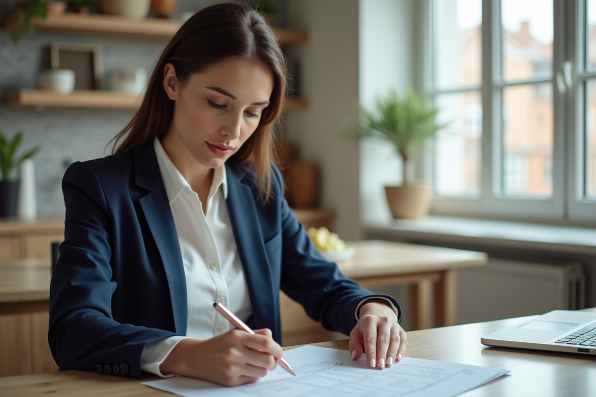 Femme d'affaires étudie des documents de prêt immobilier