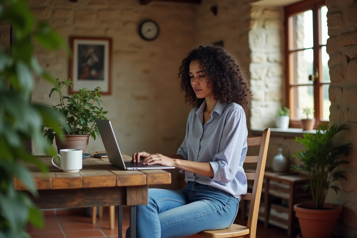 Femme consultant des petites annonces d'habitat partagé sur son ordinateur dans une maison de campagne rénovée