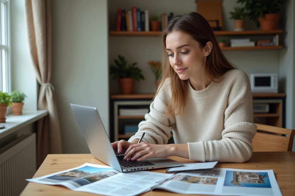 Femme comparant des annonces immobilières pour choisir un appartement T3 avec le bon nombre de chambres