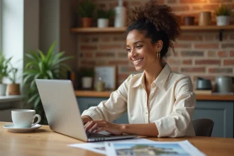 Femme consultant un site immobilier comme Limmomalin.fr sur son ordinateur portable dans une cuisine moderne